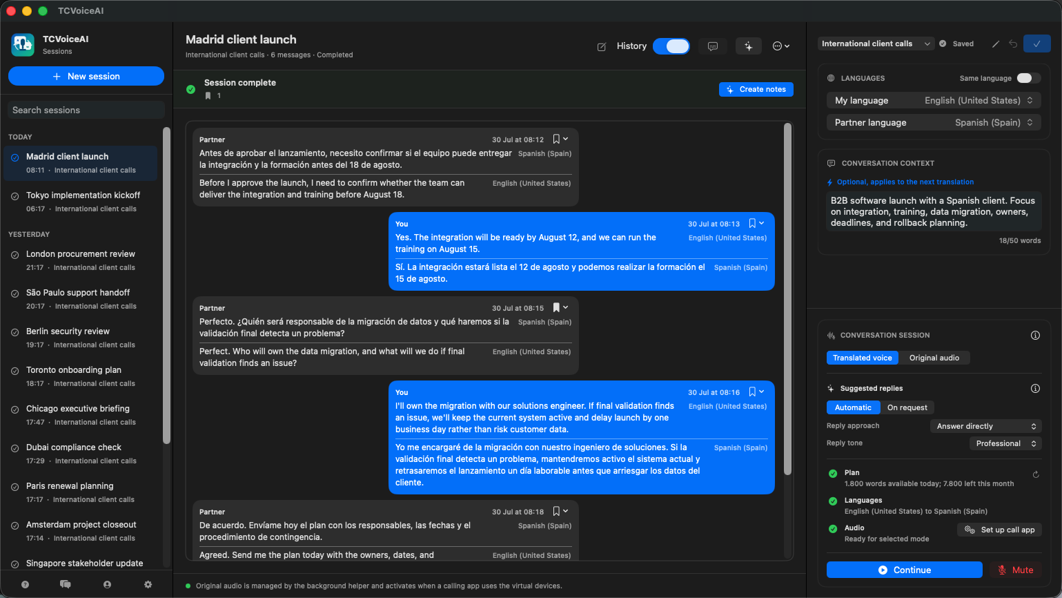 TCVoiceAI macOS app · Bilingual transcript · Continue from this session
