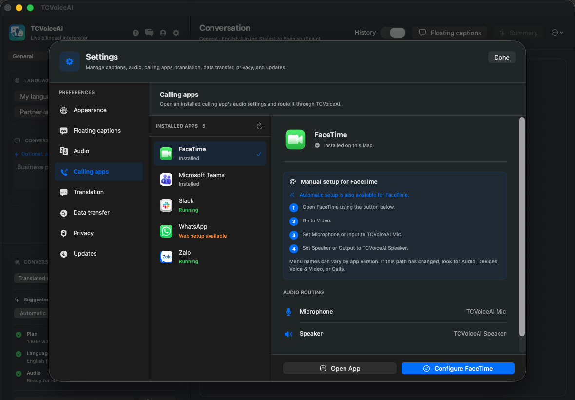 Yüklü macOS arama uygulamaları için TCVoiceAI yönlendirmeli ses yapılandırması